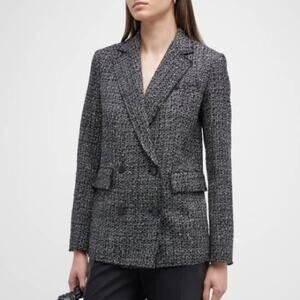 Theory Piazza Noelle Black Tweed Double Breasted Blazer Lined Fringe Edge